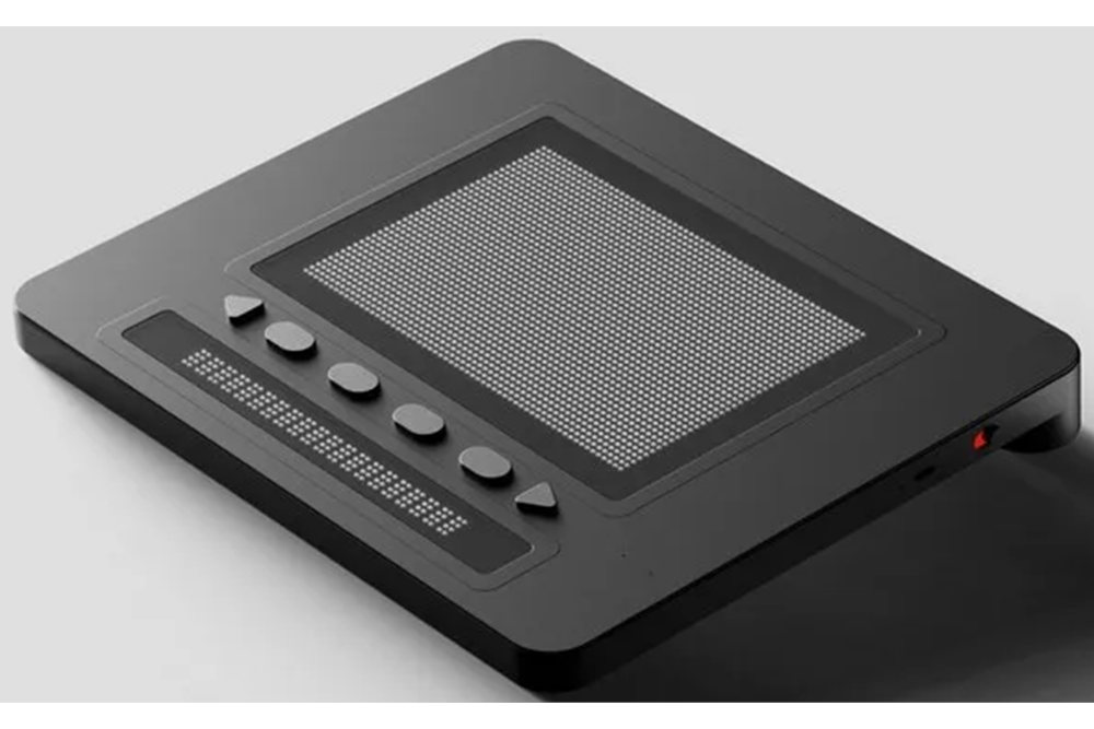 Black electronic device with braille graphics display and buttons on a gray background