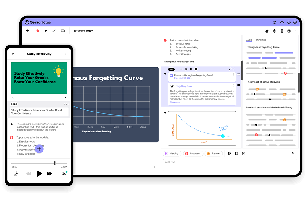 Screen displaying Genio's digital notetaking platform with educational content on a laptop and phone.