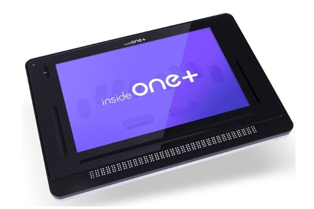 Electronic tablet with insideONE+ branding, a 12" screen, and 32 braille cells