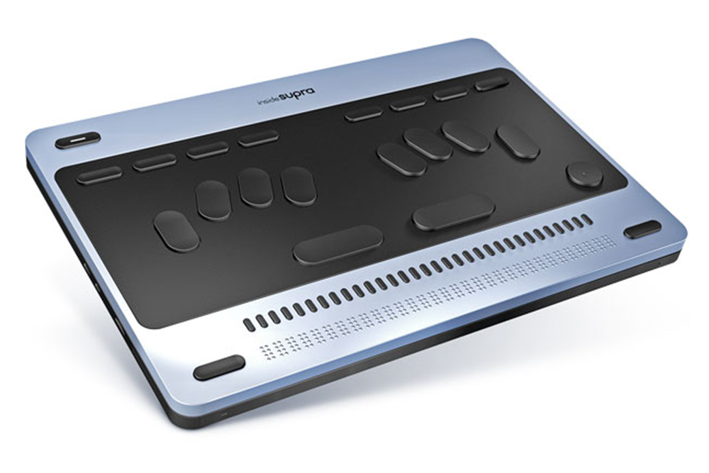 Blue and black braille device with insidesupra logo, braille keyboard, 32 braille cells, and function buttons