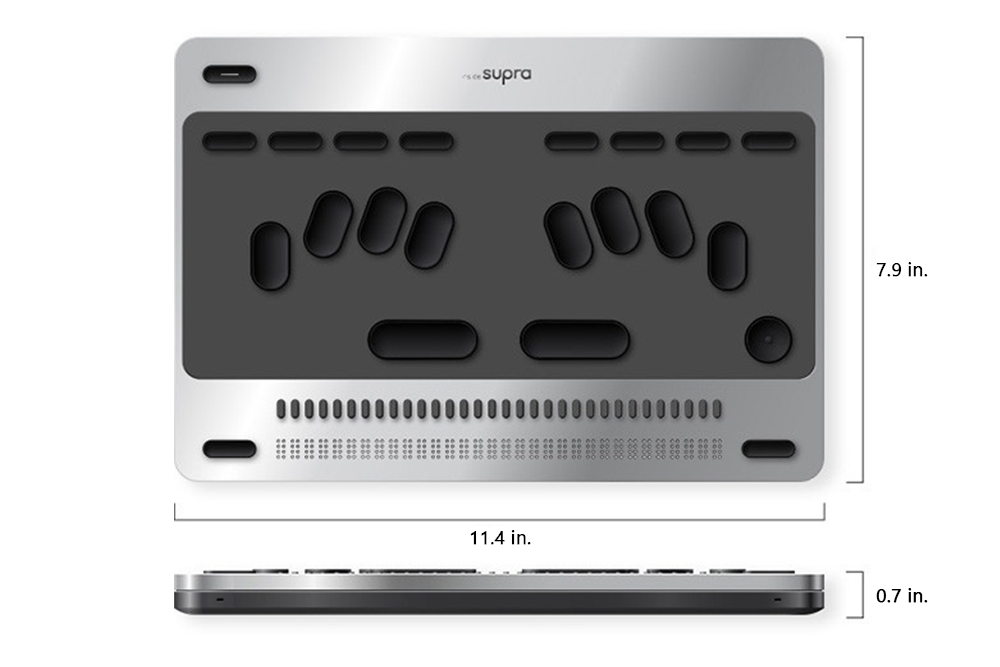 Silver and black Blue braille device with insidesupra logo, braille keyboard, 32 braille cells, function buttons and dimensions