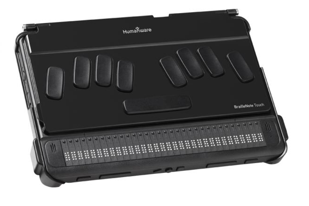 Black BrailleNote Touch - My First Notetaker device with braille display and finger grips on a white background
