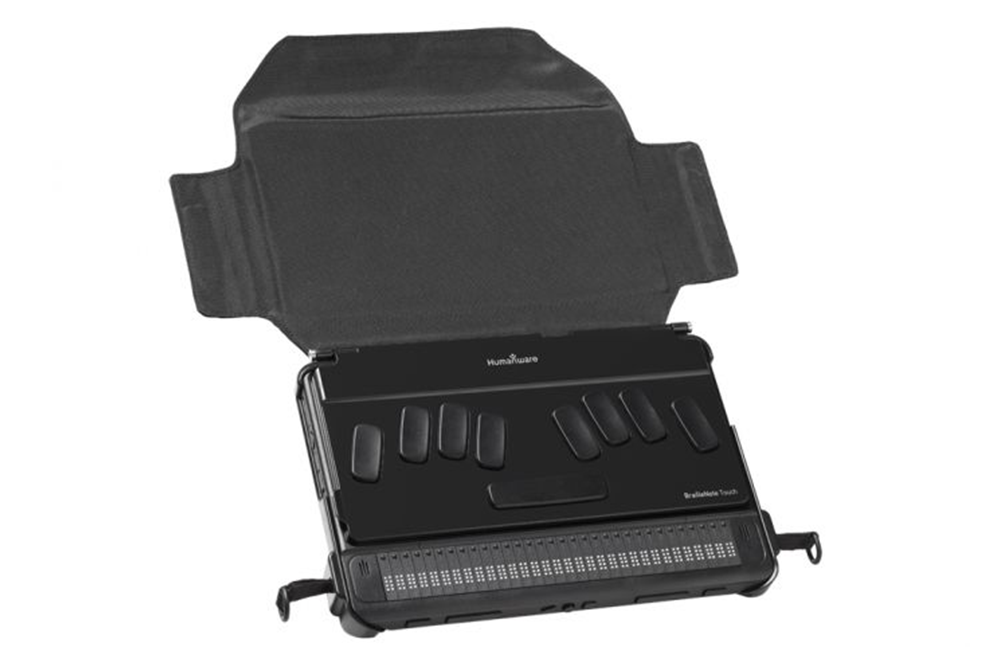 A Braillenote Touch notetaker with in an open case