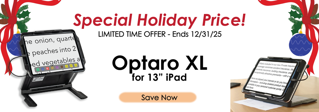 Banner image for Optaro XL for 13" iPad with holiday-themed graphics and text. Special holiday pricing until 12/32/25