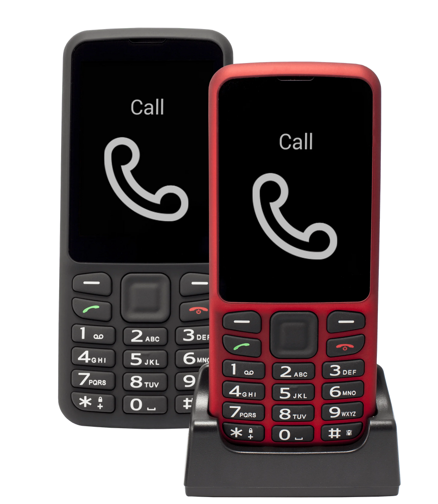 Two feature phones, one black and one red, with 'Call' display on a white background.